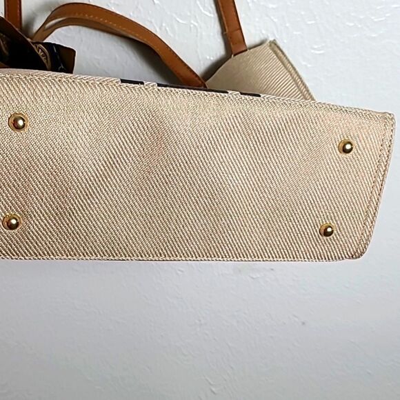 Khaki Purse w/Navy Blue Stripes, Scarf is Gold/Navy, Camel Straps/Handles NWOT - Picture 9 of 10